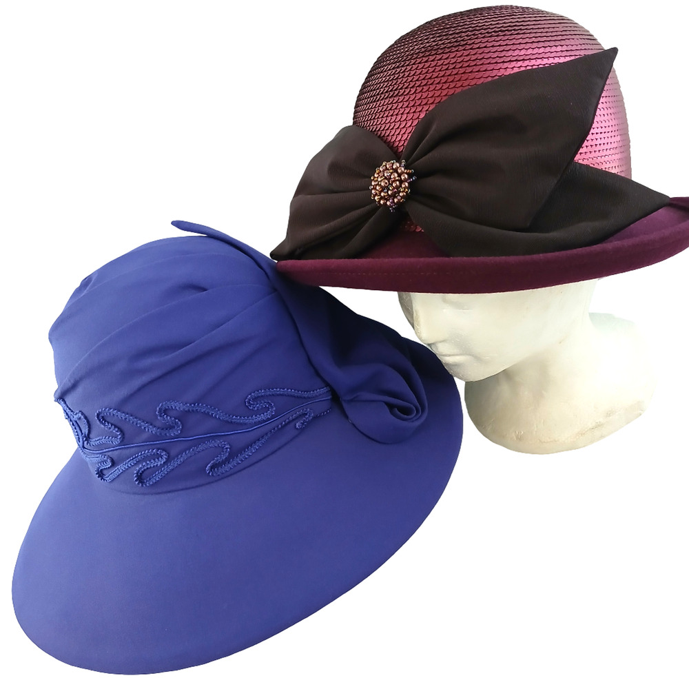 Lot of 2 VTG Whittall & Shon Women's Hats Purple Wide Brim & Burgundy Bow Cloche